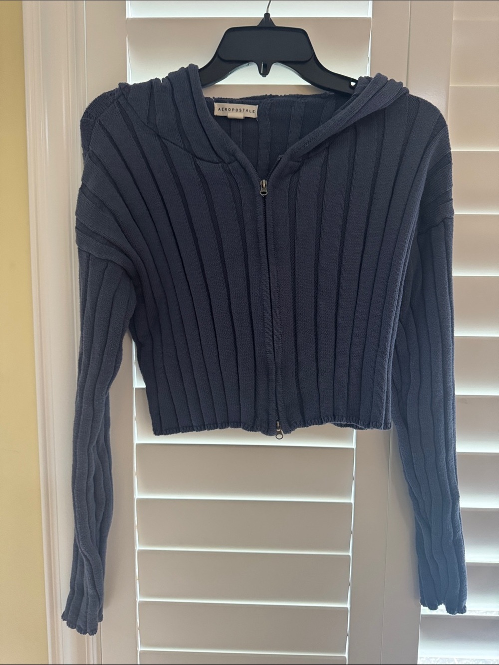 Aeropostale Navy Blue Wide Ribbed Knit Cropped Zip-Up Hoodie Size Medium